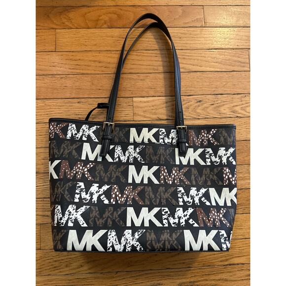 Michael Kors Jet Set Mixed Logo Tote Bag Brown Black White MK Print - Picture 3 of 5